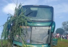 Ônibus com prudentinos sai da pista após motorista perder o controle em MG
